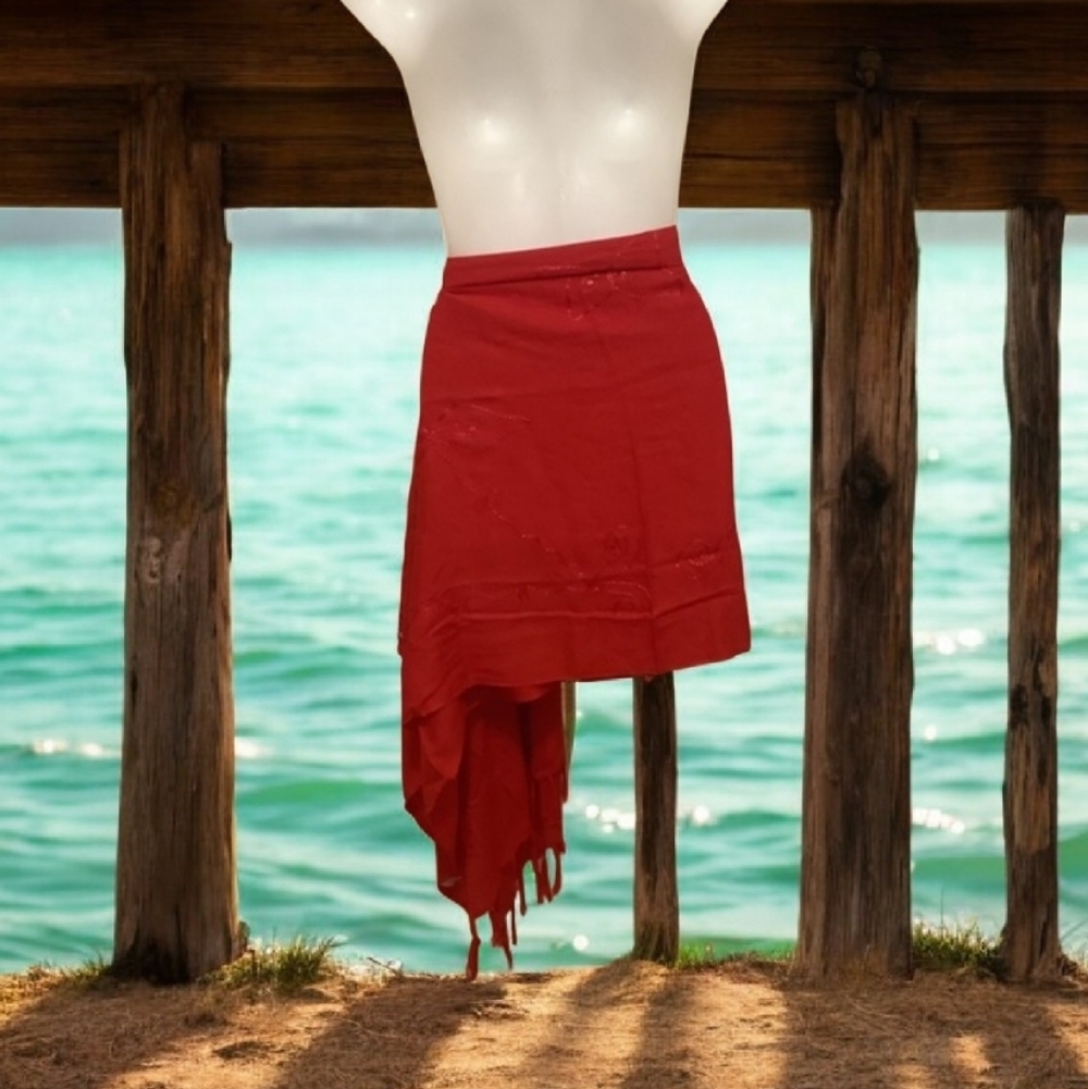 SARONG bright red by Island planet 66x44” w fringe NWOT versatility ways…